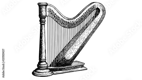 Elegant engraved illustration of a harp showcasing intricate details for artistic tattoo and design inspiration