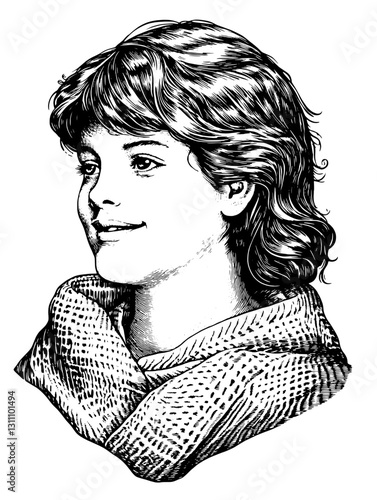 Engraved portrait of a young person with a charming smile wrapped in a cozy scarf showcasing artistic tattoo potential