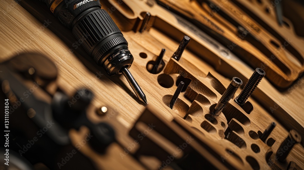 Close-up of a cordless drill and wooden tool organizer, shot on wooden work surface, for construction work Close-up of a cordless drill and wooden tool organizer, shot on wooden work surface, for construction work