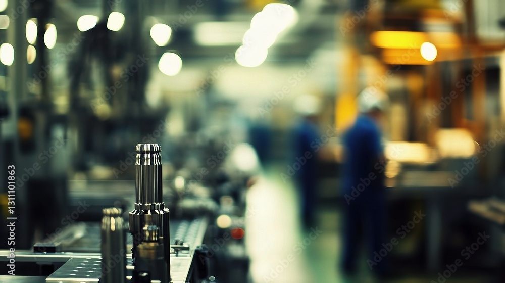 Obraz premium Blurred Industrial Factory Assembly Line with Machinery Background