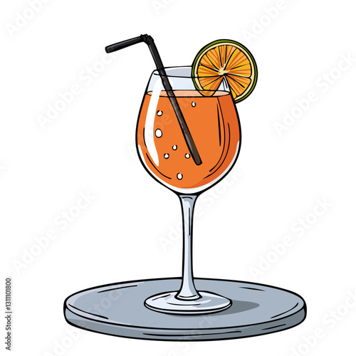 Spritz cocktail in a glass vector color illustration in sketch style. Line art drawing of refreshing orange drink with ice. Colored engraving for bar and menu.	