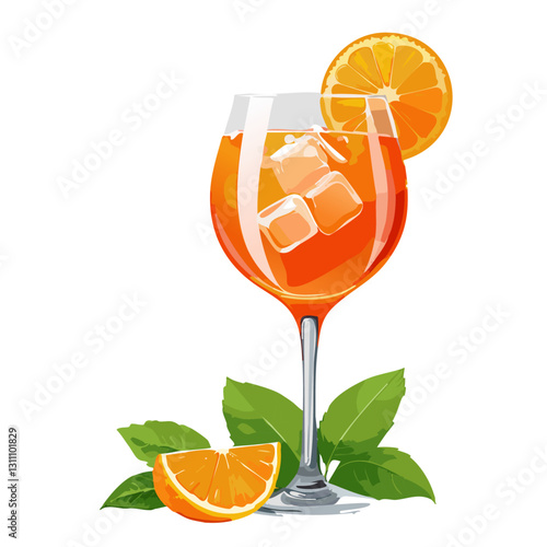 Aperol spritze cocktail vector illustration. Image of summer refreshing alcoholic drink in a glass with ice. Traditional Italian aperitif for bar and menu.	
