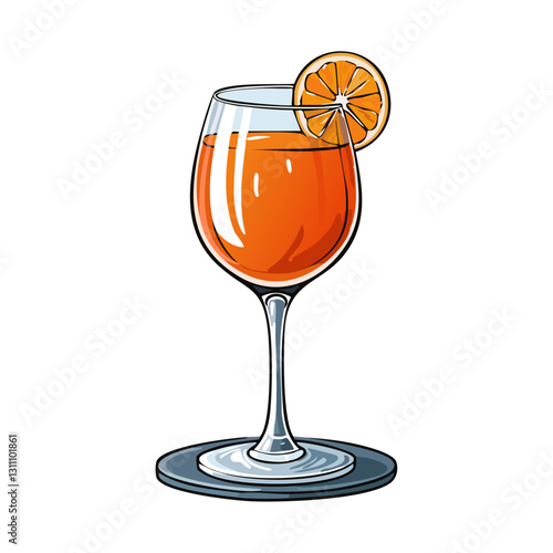 Spritz cocktail in a glass vector color illustration in sketch style. Line art drawing of refreshing orange drink with ice. Colored engraving for bar and menu.	