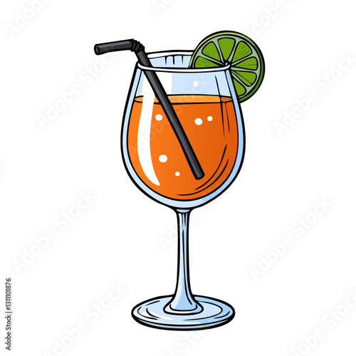 Spritz cocktail in a glass vector color illustration in sketch style. Line art drawing of refreshing orange drink with ice. Colored engraving for bar and menu.	