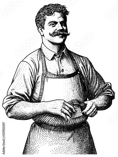 Craftsman in apron engaging with tools in a detailed engraved illustration suitable for tattoo and packaging design