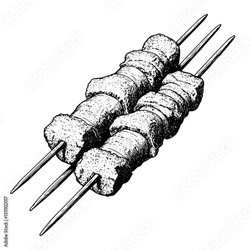 Intricate engraved illustration of skewered meat with a rustic touch for tattoo and packaging design