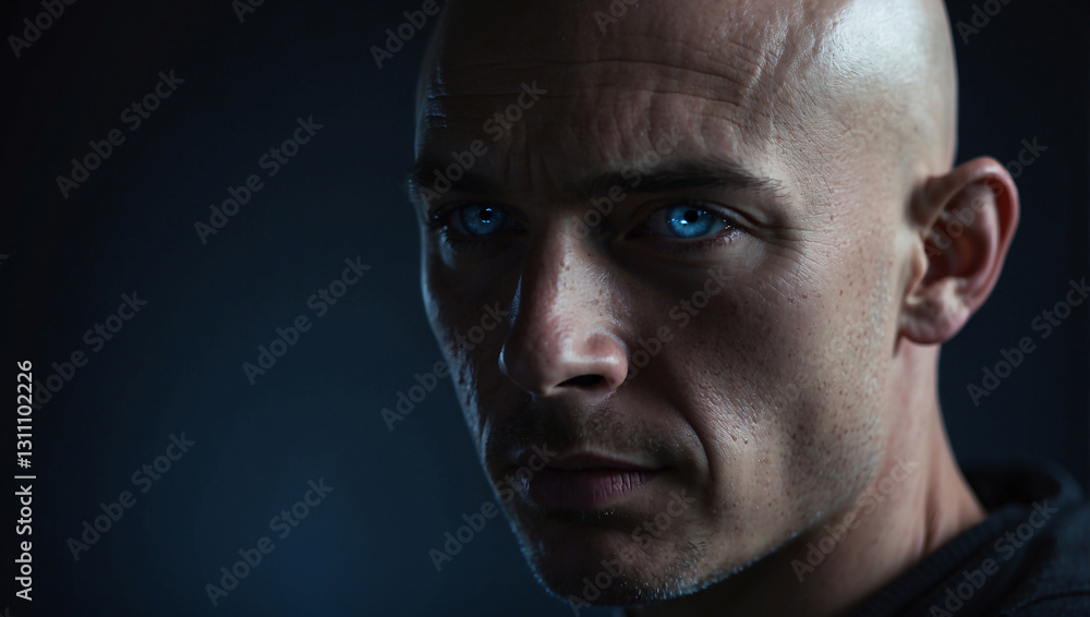 Fototapeta premium Strong Bald Man with Blue Eyes and Cool-Toned Lighting