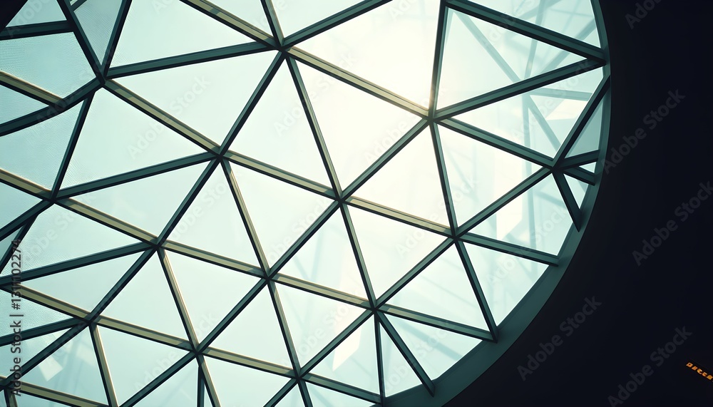 Geometric dome roof with triangle-shaped glass panels indoors. Geometric dome roof with triangle-shaped glass panels indoors.
