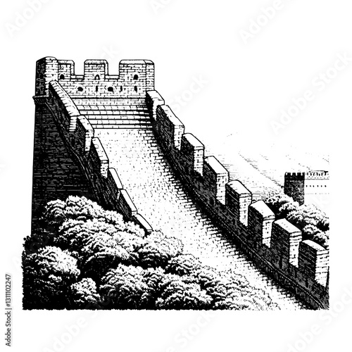 Engraved vector illustration of an ancient fortress wall surrounded by lush greenery in a forgotten landscape