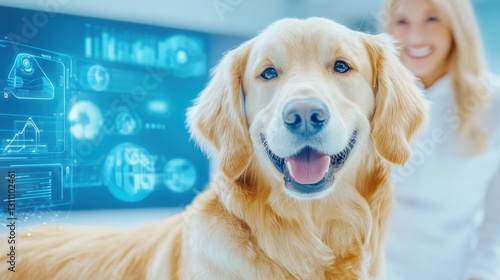 Happy Golden Dog With Futuristic Digital Display