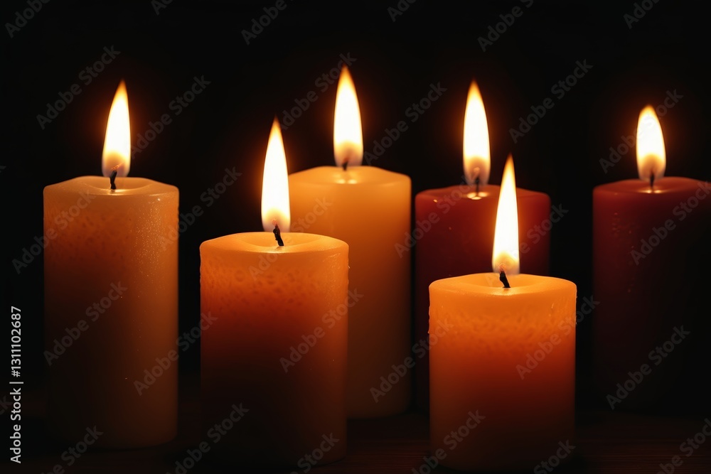 candles are lit in a row in a dark room candles are lit in a row in a dark room