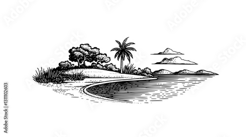 Serene coastal landscape featuring palm trees, distant mountains, and gentle waves crafting a tranquil escape in nature's beauty