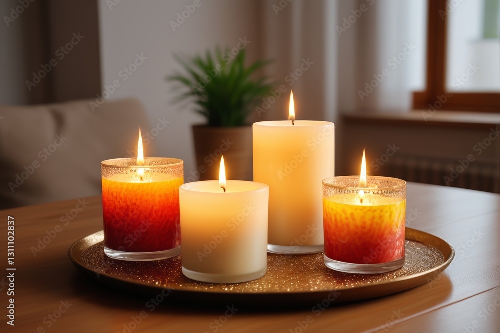 candles are lit on a tray on a table in a living room candles are lit on a tray on a table in a living room