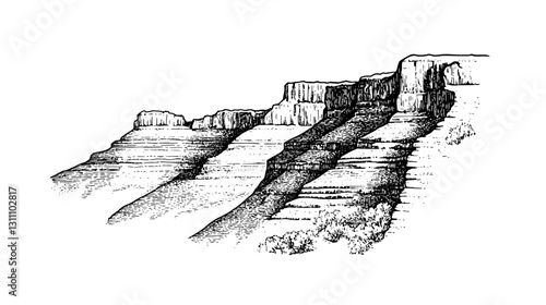 Engraved illustration of majestic layered cliffs showcasing intricate geological formations in a timeless, artistic style perfect for tattoo designs