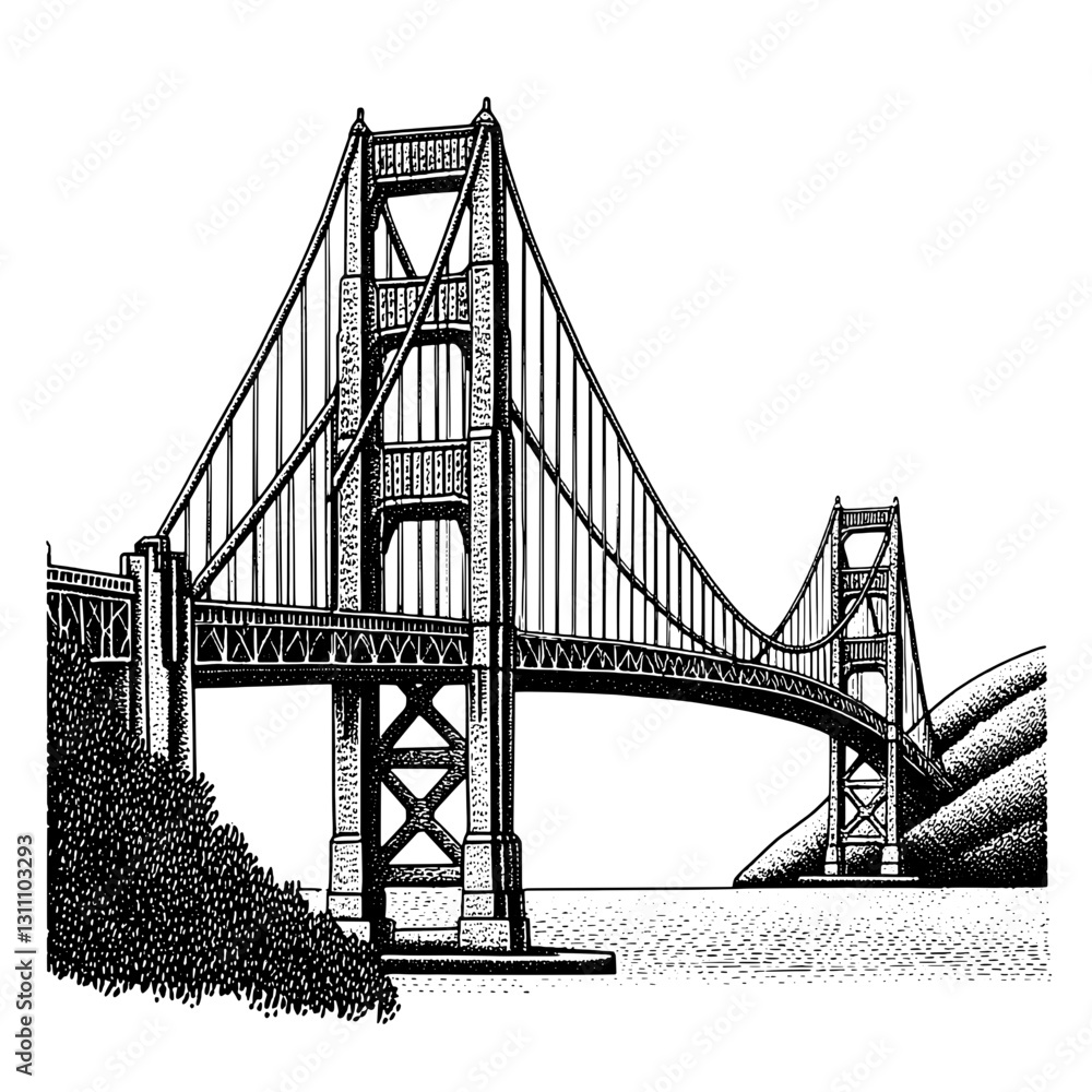 Fototapeta premium Intricate engraved illustration of a majestic bridge spanning a serene river surrounded by lush hills at dusk
