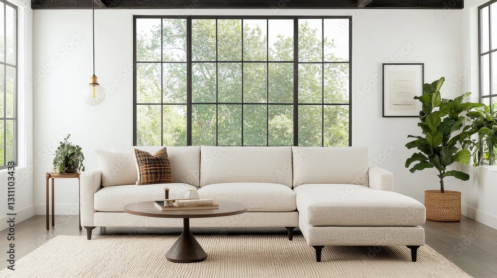 Cozy Living Room with Modern Sofa and Large Windows for Natural Light Cozy Living Room with Modern Sofa and Large Windows for Natural Light