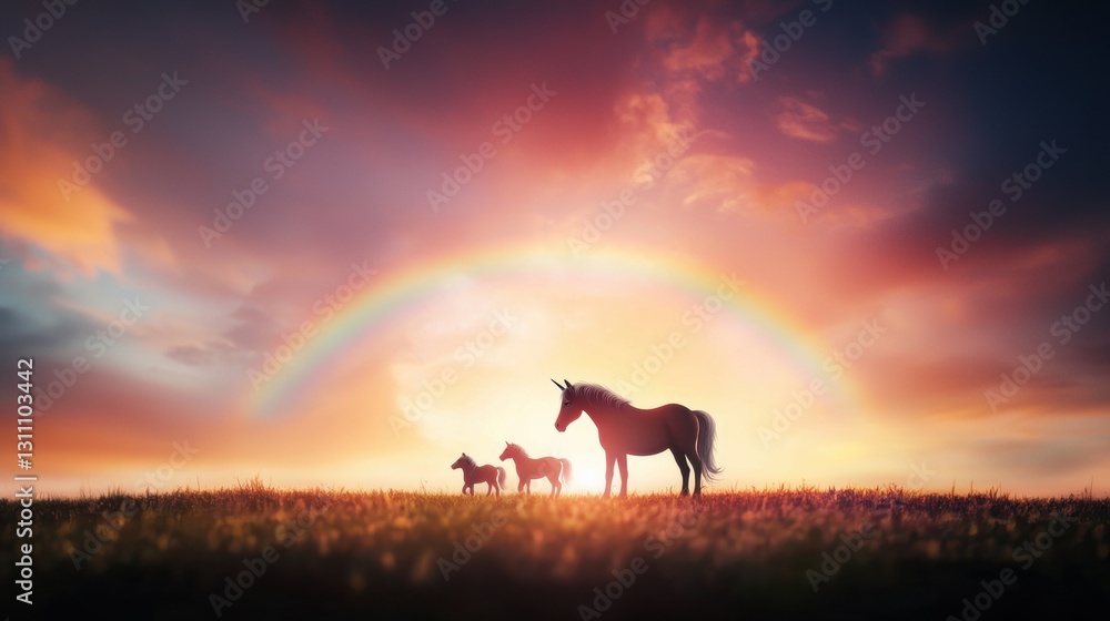 A unicorn family, a mother, a father, and a foal, silhouetted against a setting sun with a vibrant rainbow stretching across the sky, creating a heartwarming and magical family portrait.