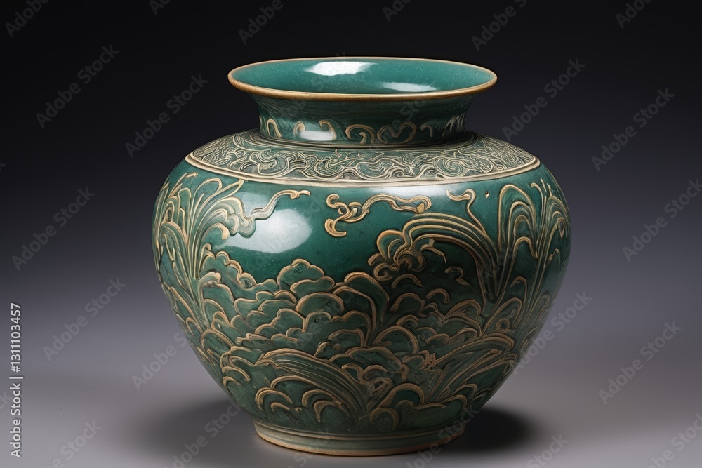 there is a green vase with a gold decoration on it there is a green vase with a gold decoration on it