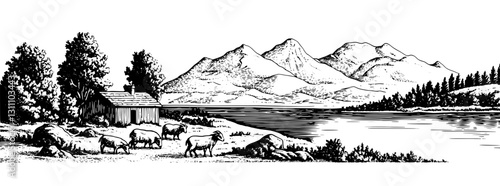 Engraved illustration of a tranquil lakeside scene with mountains and grazing cattle, perfect for tattoo or packaging design inspiration