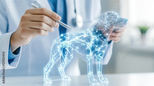 Veterinarian Examines Dog Hologram In Modern Clinic.