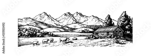 Engraved landscape showcasing a rustic barn, grazing cattle, and majestic mountains in a serene countryside setting