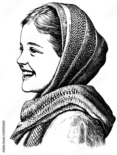 Engraved illustration of a smiling girl adorned with a cozy shawl expressing joy and warmth in a timeless moment