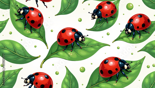 Twirling Ladybugs on Leaves - A seamless pattern of ladybugs spinning atop dewy green leaves.