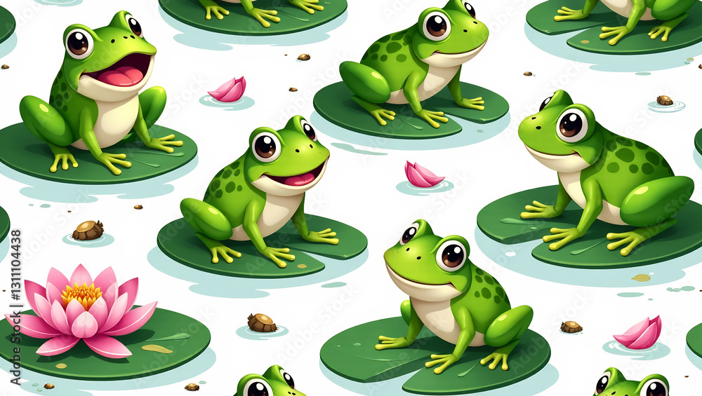 Fototapeta premium Giggling Frogs on Lily Pads - A seamless pattern of frogs lounging and hopping on floating lily pads.