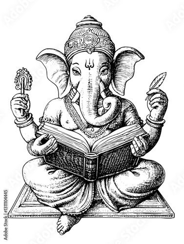 Intricate engraved illustration of Ganesha reading with a book, showcasing artistry in tattoo and packaging design