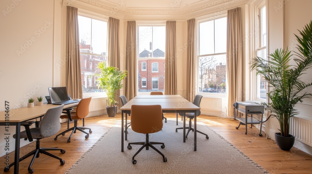 Fototapeta premium Modern Bright Office Space with Large Windows and Plants