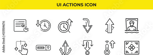 A collection of line icons depicting various actions, time, user interactions, accessibility, and data flow directions. Simple, black outlines on white.