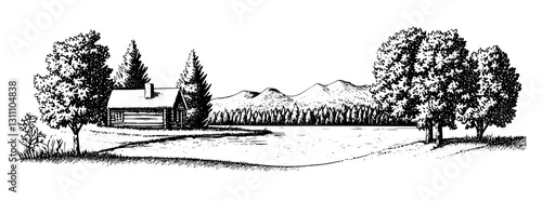 Rustic cabin by the serene lake surrounded by majestic mountains and towering trees, capturing a peaceful nature retreat with a timeless allure