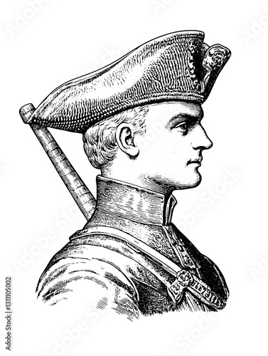 Historical engraved illustration of a soldier in profile showcasing regimental attire, perfect for tattoo or design inspiration