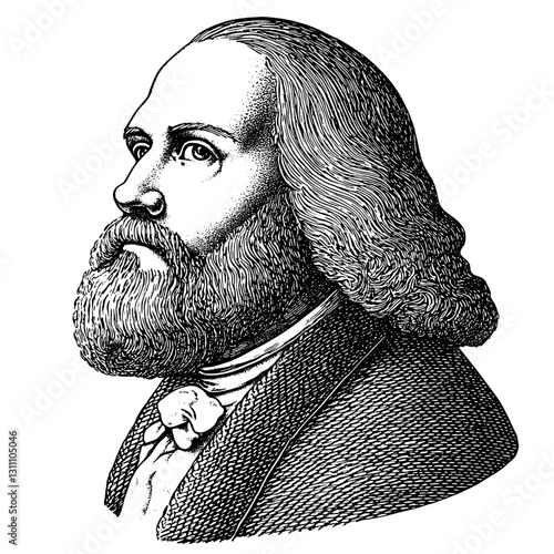 Engraved portrait showcasing a dignified man with a bushy beard and long flowing hair in an artistic vector design suitable for tattoo and packaging