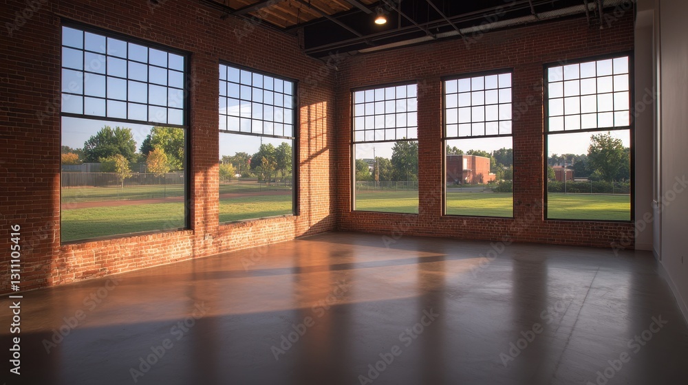 Bright and Spacious Empty Room with Large Windows and Brick Walls Bright and Spacious Empty Room with Large Windows and Brick Walls