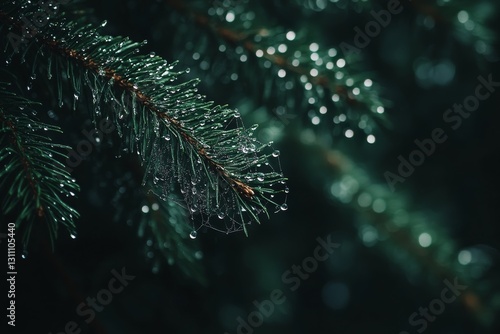 Wallpaper Mural A delicate spider web, covered in dewdrops, hangs from the branches of an evergreen tree. Torontodigital.ca