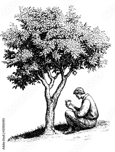 Engraved tree and contemplative figure creating a serene moment in nature with focus on mindfulness and simplicity in design