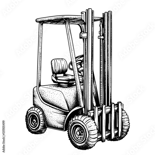 Engraved illustration of a forklift designed for packaging and tattoo art