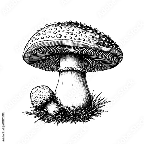 Engraved illustration of a spiky mushroom design for tattoo and packaging inspiration