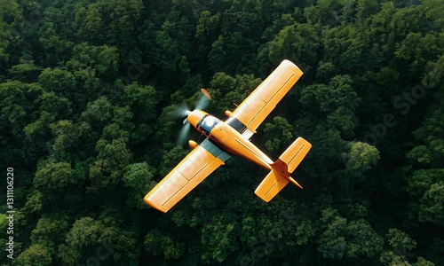 realistic small orange plane flying over a deep green forest, top down view