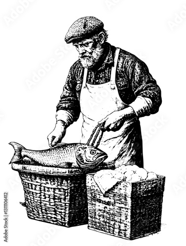Engraved illustration of an artisan fishmonger preparing fresh catch for sale in a bustling marketplace setting