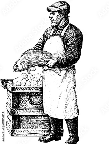 Engraved illustration of a fisherman showcasing his catch alongside a crate of fresh fish and potatoes