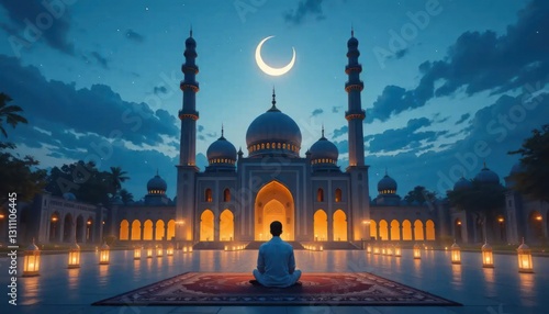 Tranquil Night Prayer at the Mosque under Crescent Moon