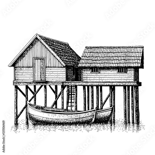 Engraved illustration of a rustic wooden house on stilts beside a tranquil waterside setting