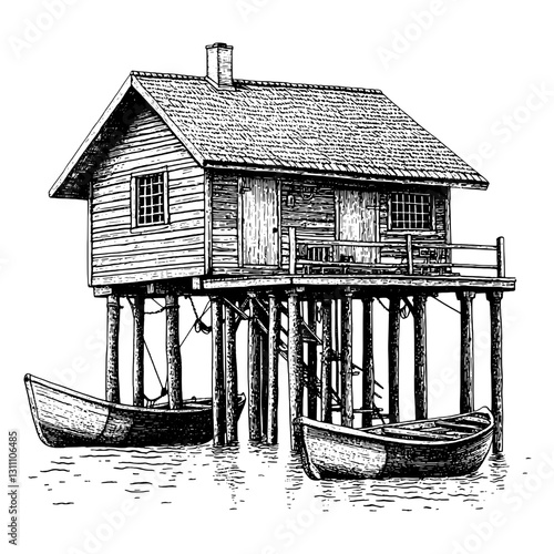 Engraved illustration of a rustic lakeside cabin with boats reflecting tranquil waters during a serene afternoon
