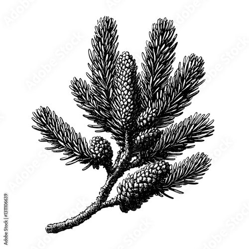 Engraved illustration of a pine branch adorned with cones for artistic designs and packaging inspiration