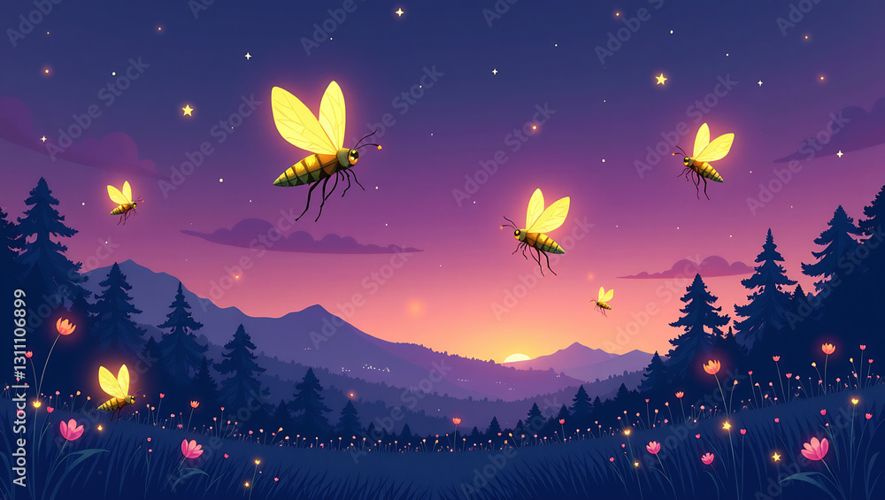 Fototapeta premium Glowing Fireflies in Twilight Field - A seamless pattern of fireflies lighting up a dusk meadow.