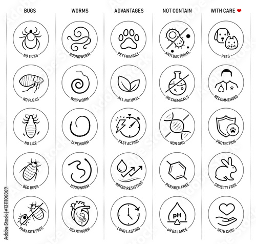 Set of vector icons focuses on pets parasites and worms. The icons are designed to be versatile, suitable for use in informational materials, veterinary goods, pet care, apps, and more. EPS10.
