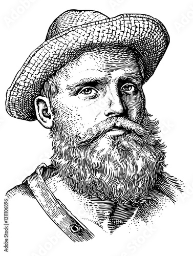 Intricate engraved illustration of a dignified bearded man wearing a straw hat, perfect for vintage tattoo or packaging design