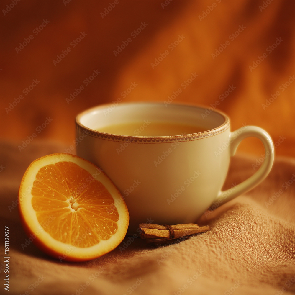 Cup of Hot Cider on Orange Background, evoking cozy warmth and spiced comfort perfect for autumnal moments Cup of Hot Cider on Orange Background, evoking cozy warmth and spiced comfort perfect for autumnal moments